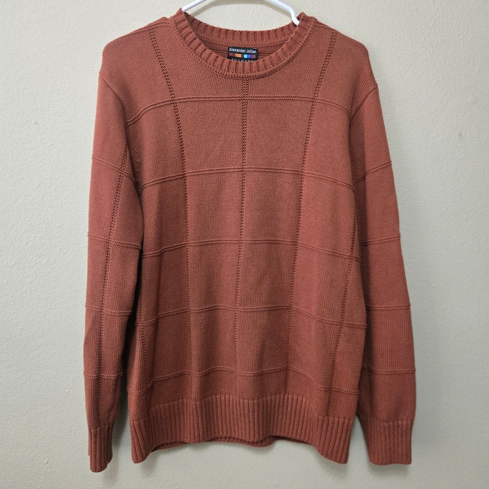 Alexander Julian Colours Mens Rust Orange Cotton Grid Knit Grandpa Sweater Small